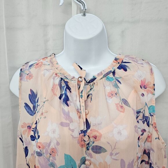 Liz Claiborne Pink Blue Floral Sheer Coquette Chiffon Tank Top L - Picture 2 of 11
